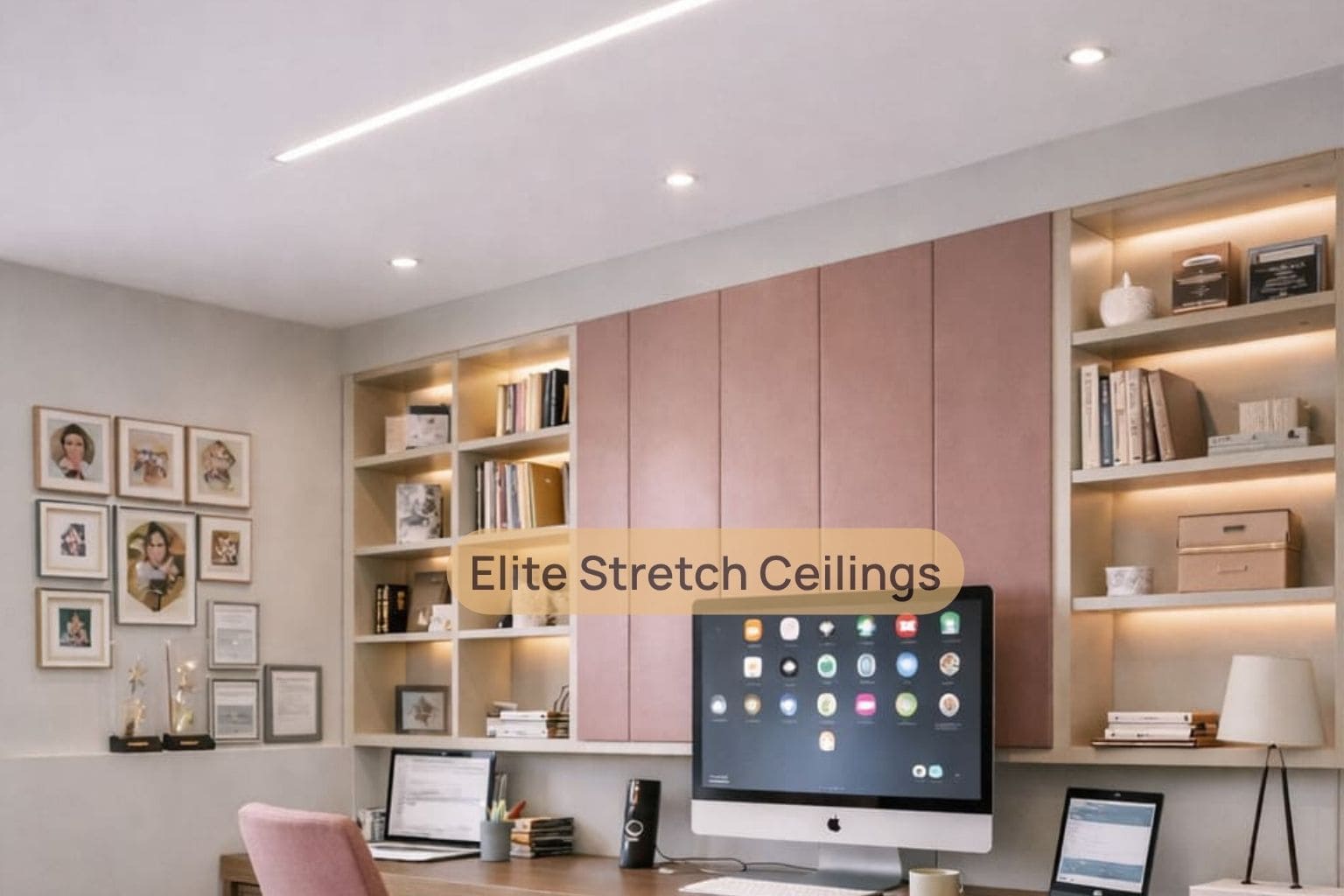 Office seamless stretch ceiling installation for a home office.