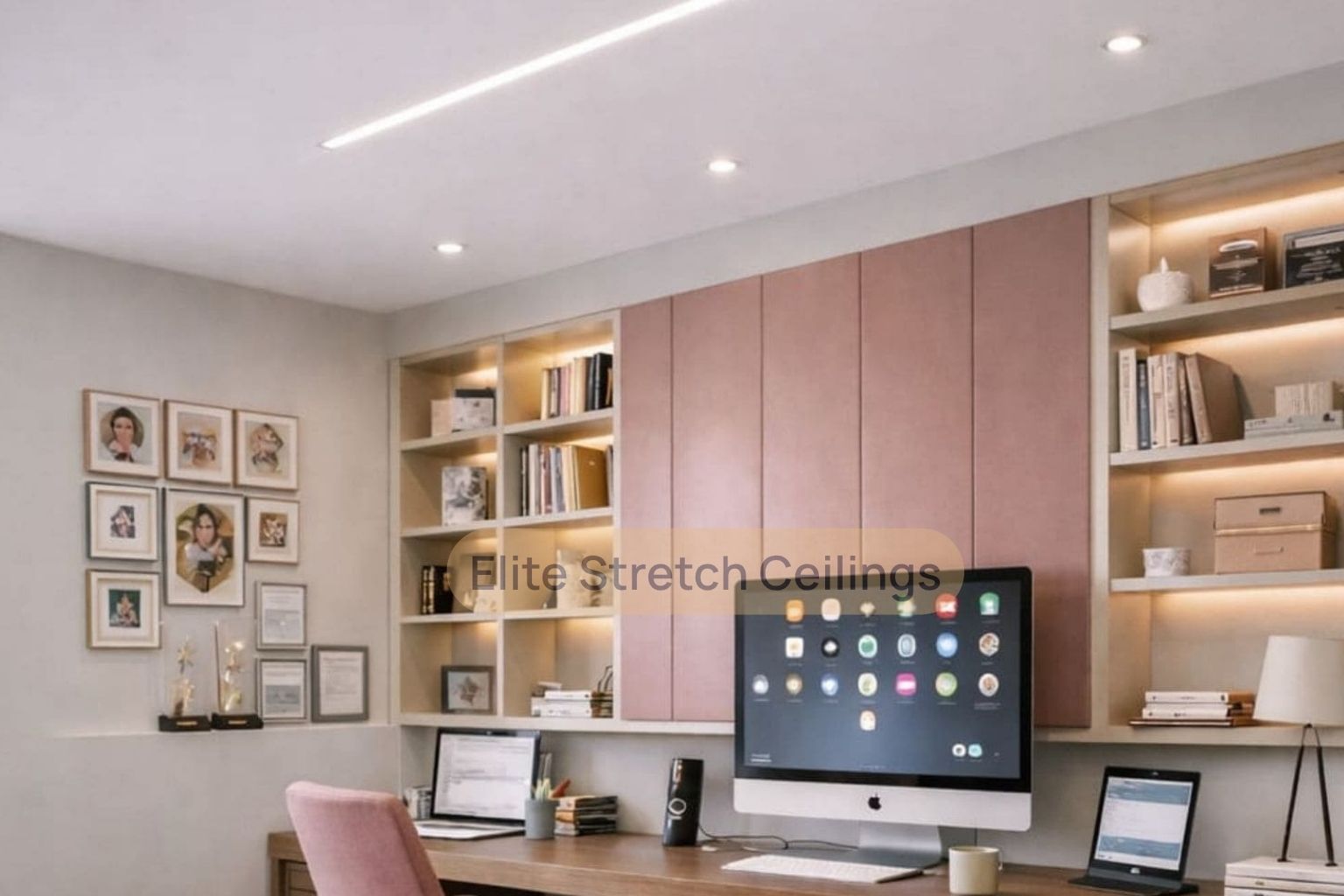 Office seamless stretch ceiling installation for a home office.