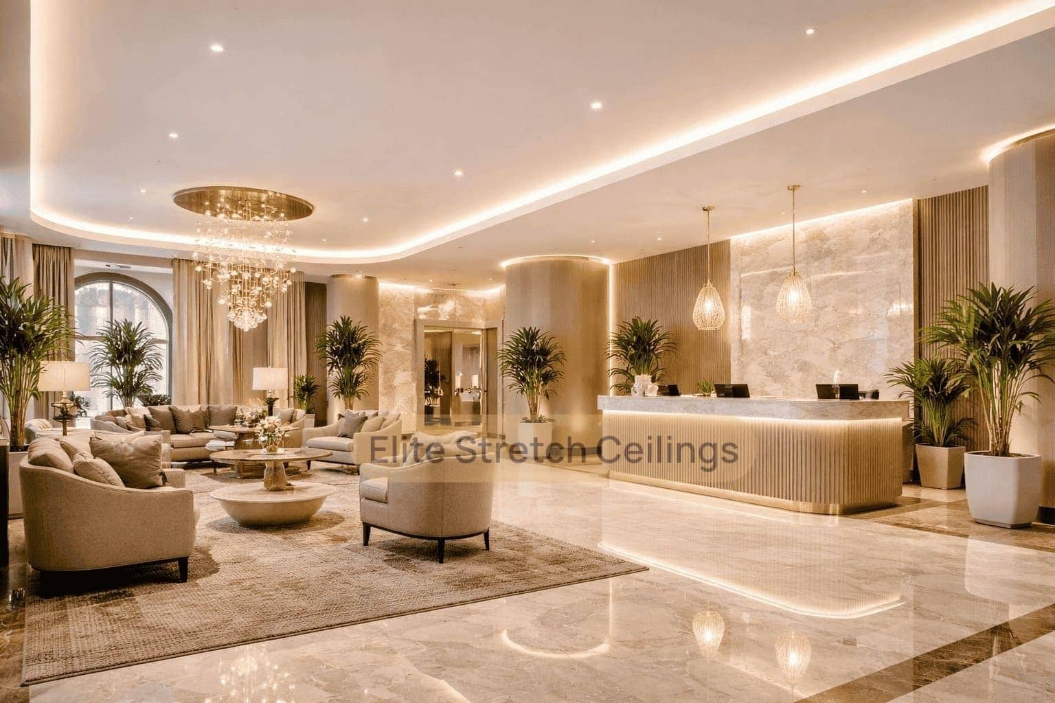 Commercial seamless stretch ceiling installation for a hotel lobby.