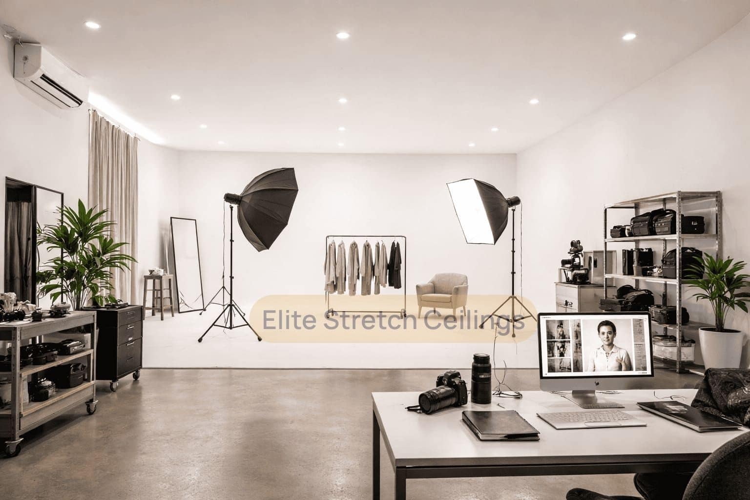 Commercial seamless stretch ceiling installation for a photo studio.
