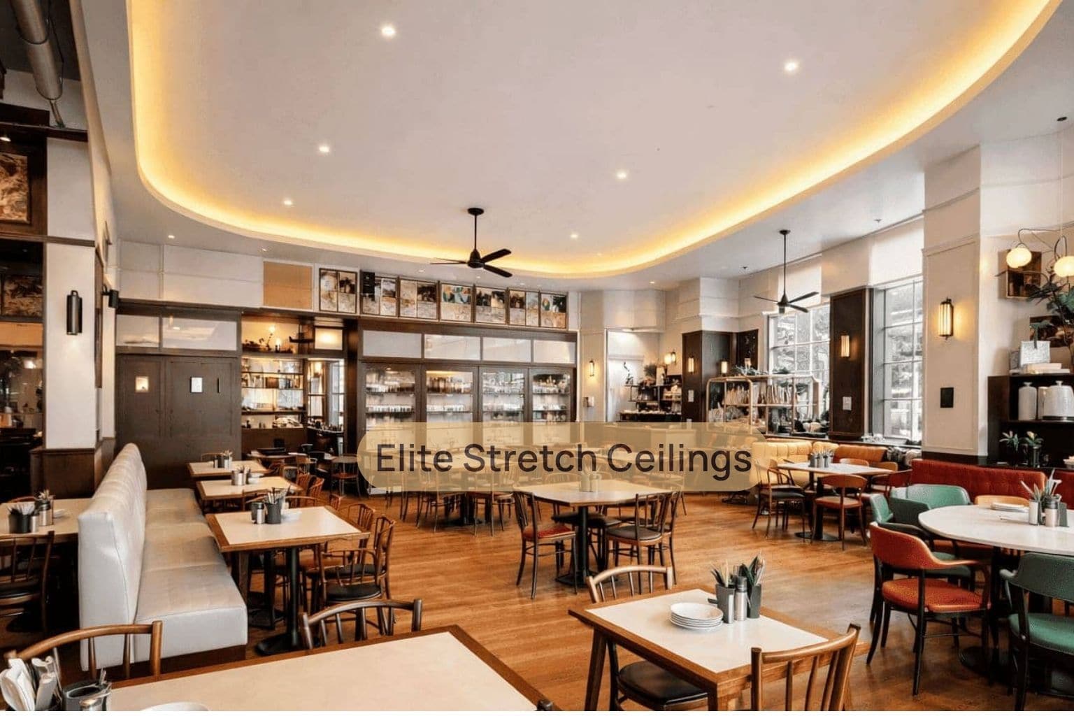 Commercial seamless stretch ceiling installation for a restaurant.