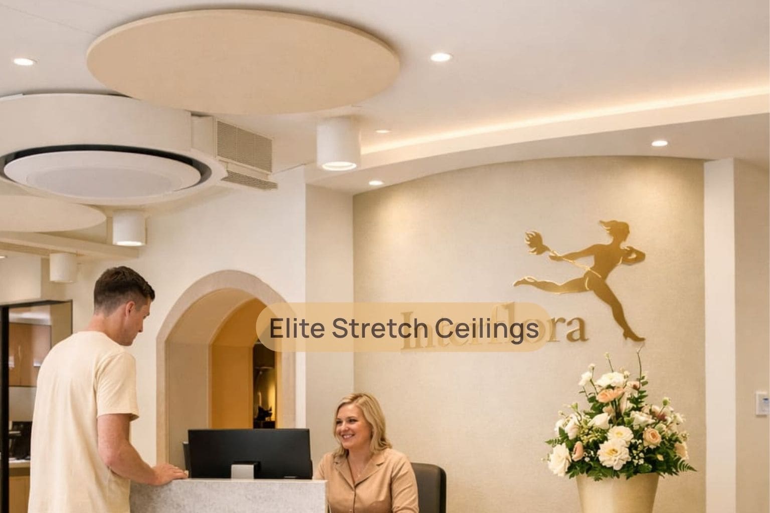 Office seamless stretch ceiling installation for a reception area.
