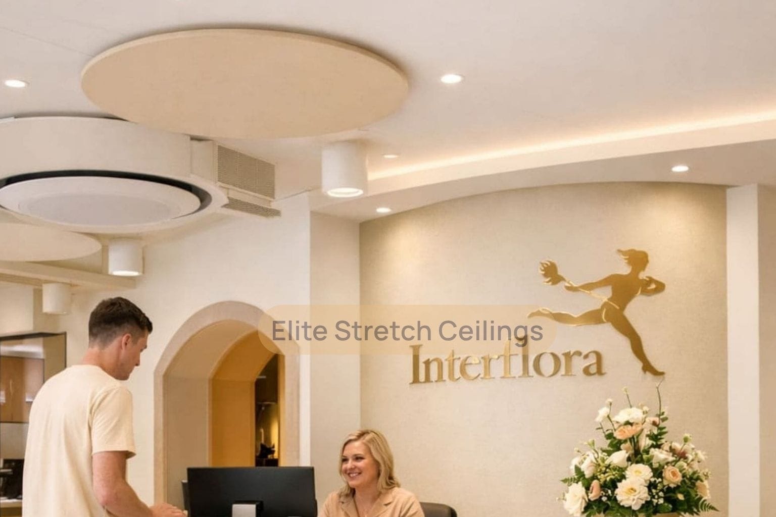Office seamless stretch ceiling installation for a reception area.