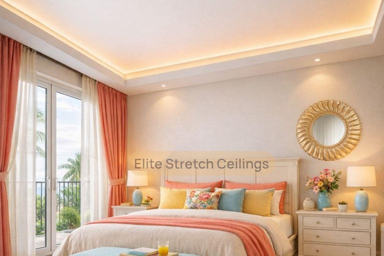 Residential seamless stretch ceiling installation for a bedroom.