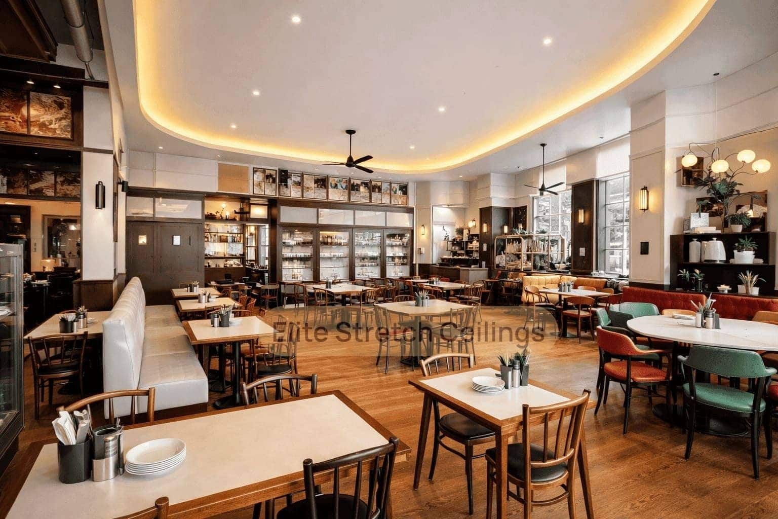Commercial seamless stretch ceiling installation for a restaurant.