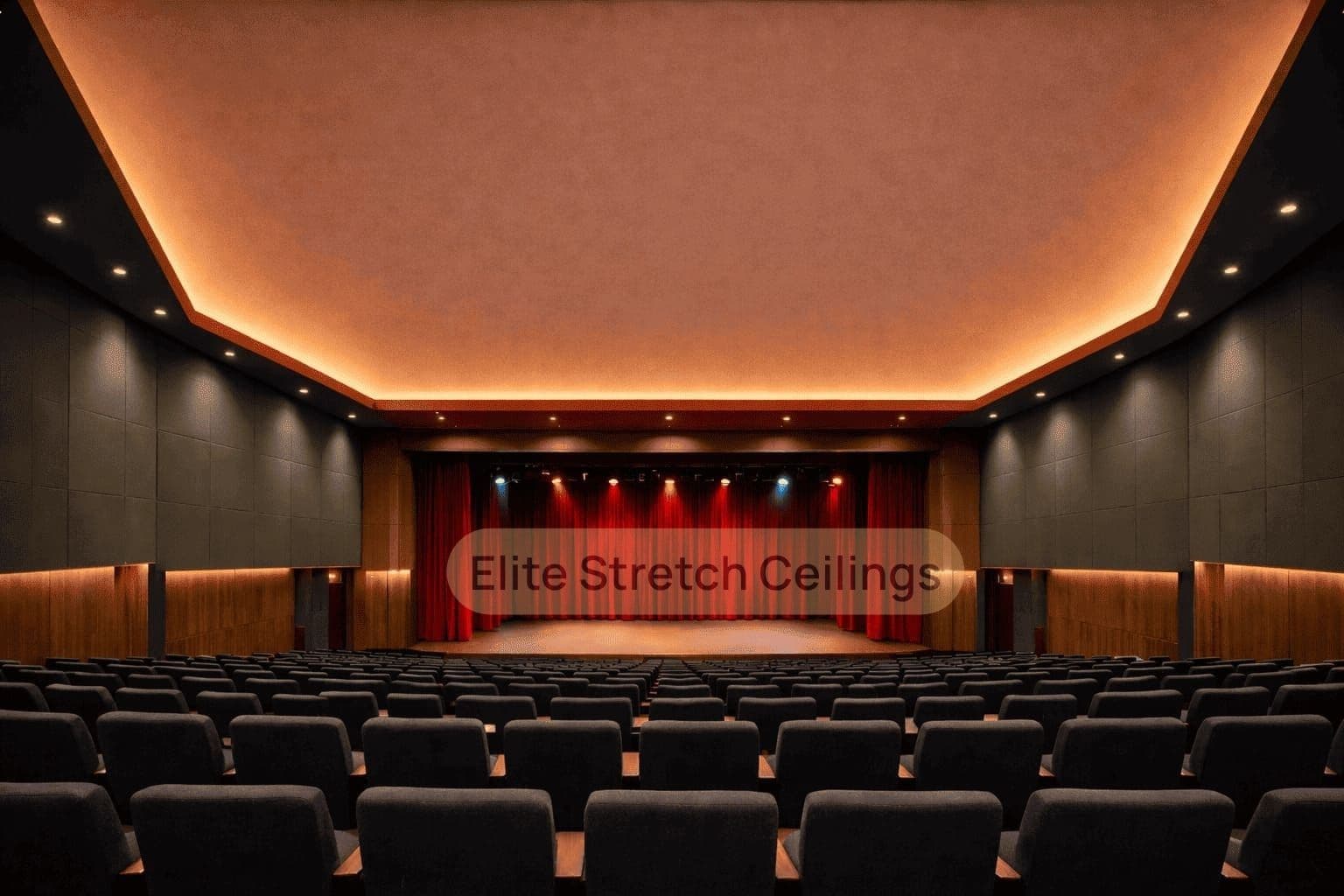 Commercial seamless stretch ceiling installation for a theatre.