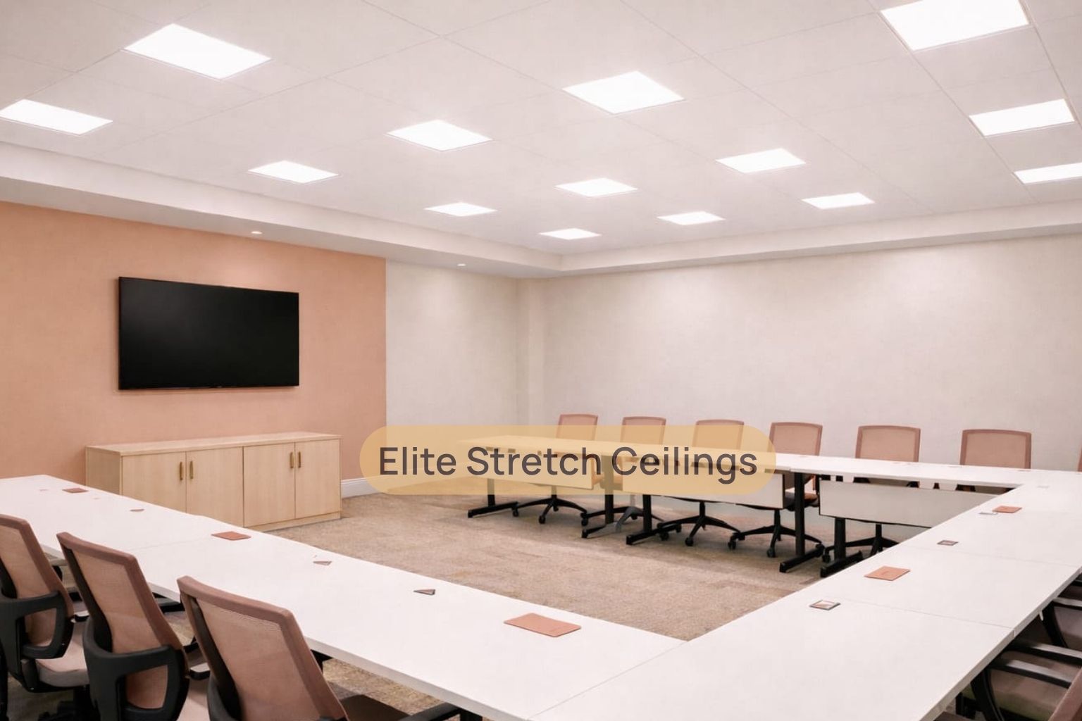 Office seamless stretch ceiling installation for a training room.