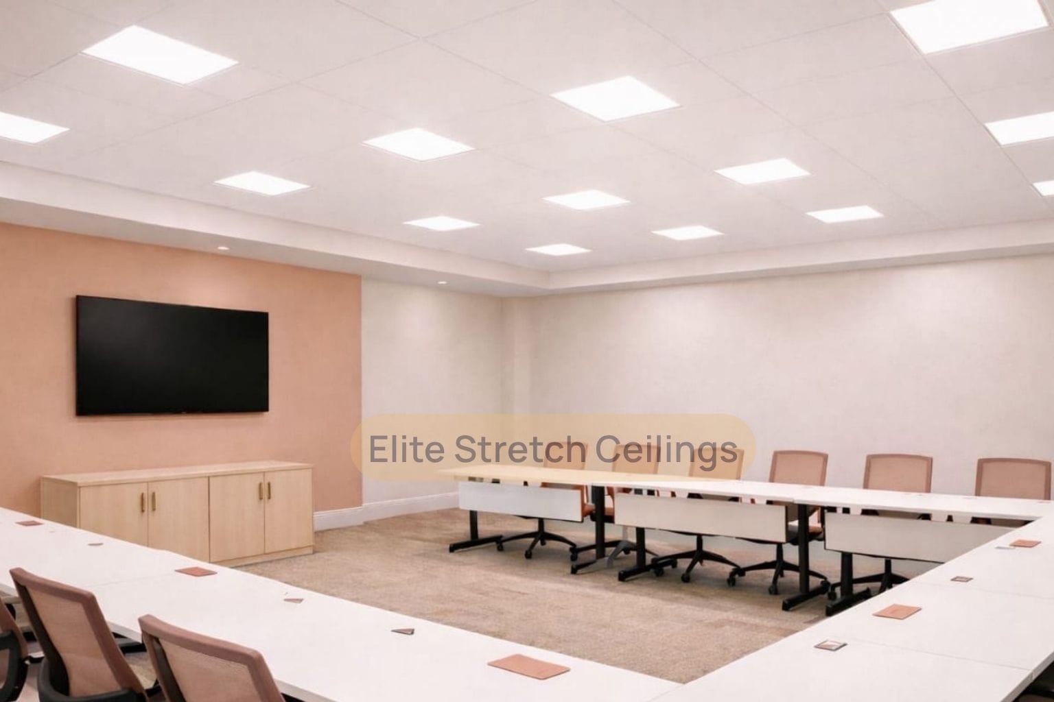 Office seamless stretch ceiling installation for a training room.