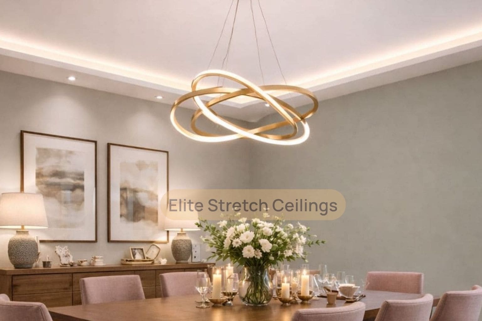 Residential seamless stretch ceiling installation for a dining room.