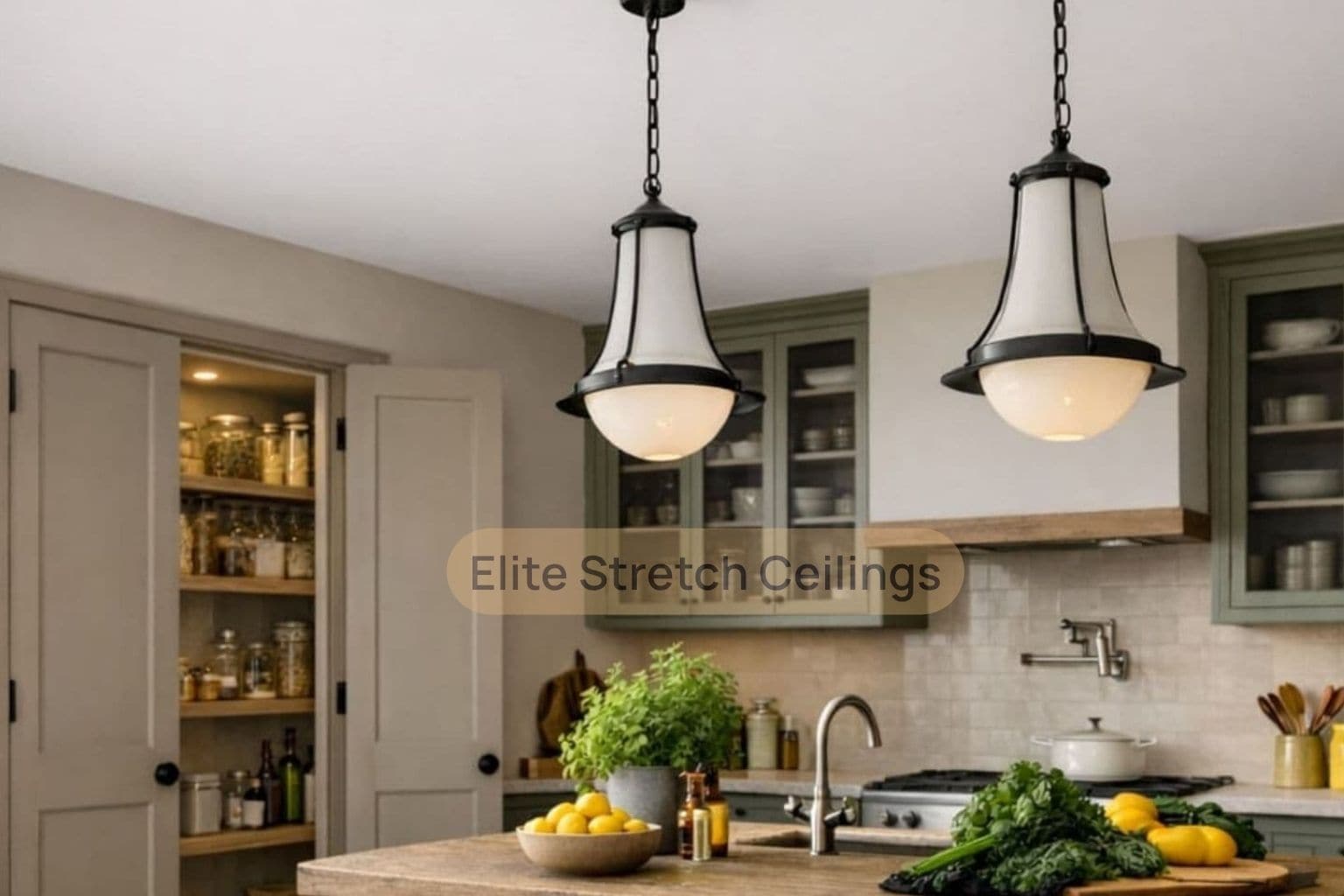 Residential seamless stretch ceiling installation for a kitchen.