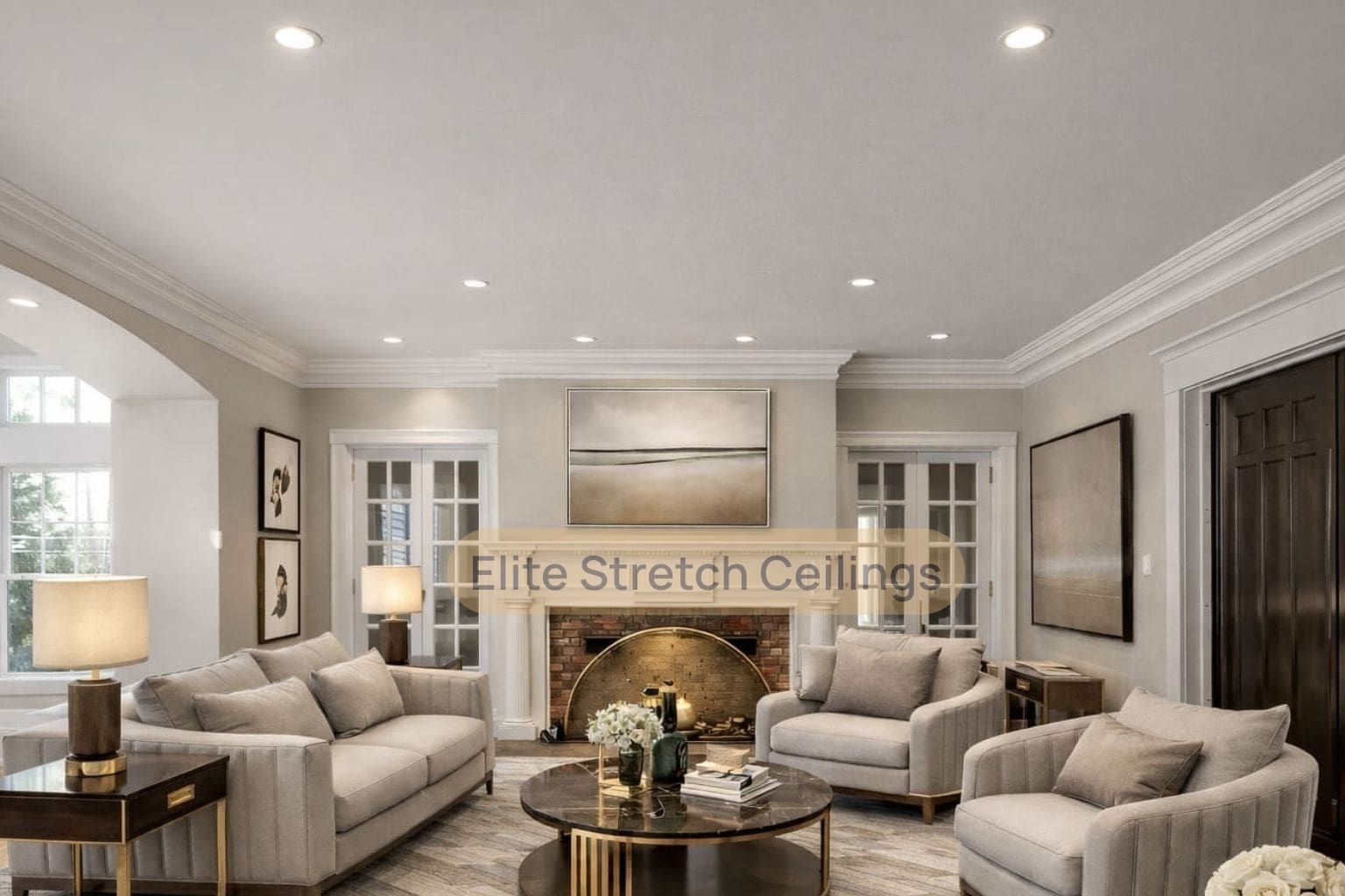 Residential seamless stretch ceiling installation for a living room.