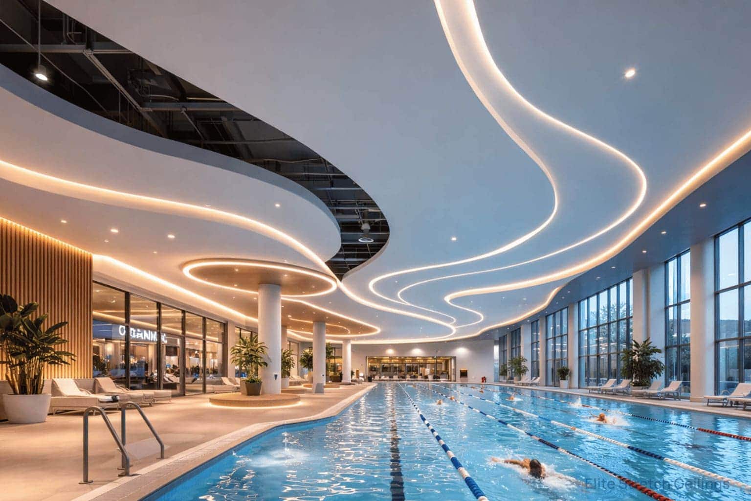 Commercial matte stretch ceiling installation for the leisure centre