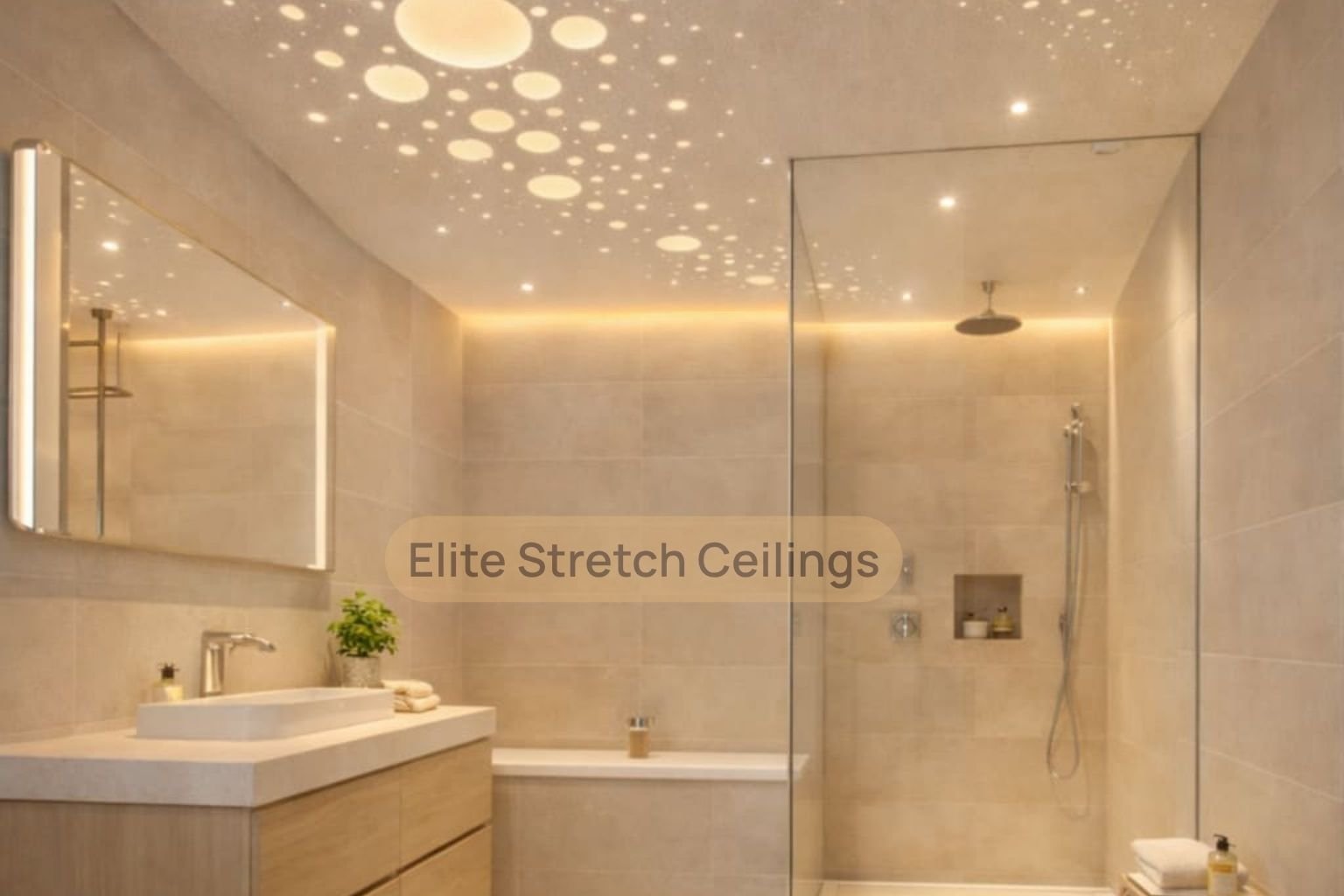 Perforated stretch ceiling with soft dotted lighting in a modern bathroom.
