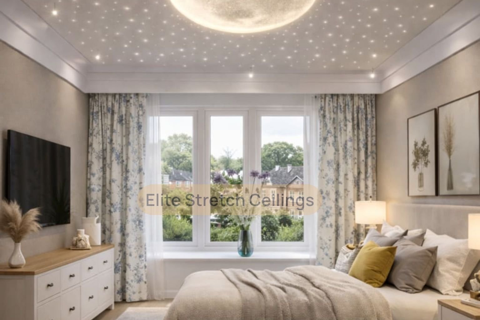 Perforated stretch ceiling with subtle star-like lighting in a calm bedroom.