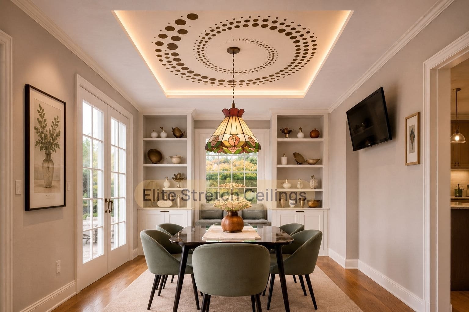 Perforated stretch ceiling with circular feature lighting above a dining room table.