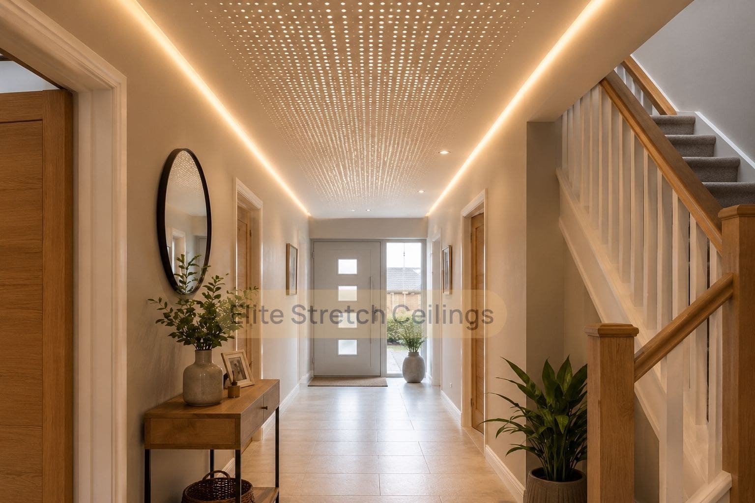 Perforated stretch ceiling with linear dotted lighting in a residential hallway.