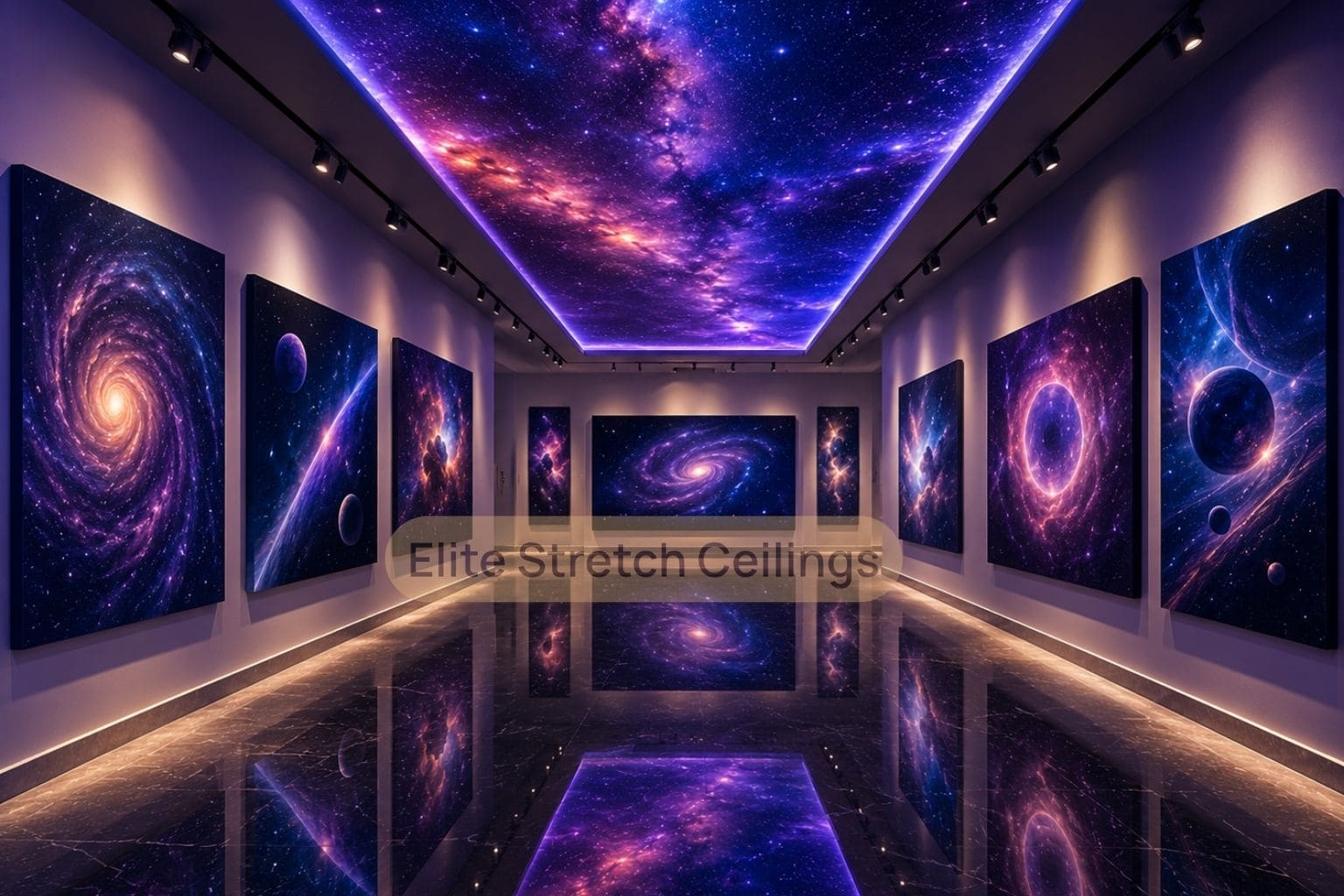 Galaxy stretch ceiling design idea for an art gallery interior in the UK.