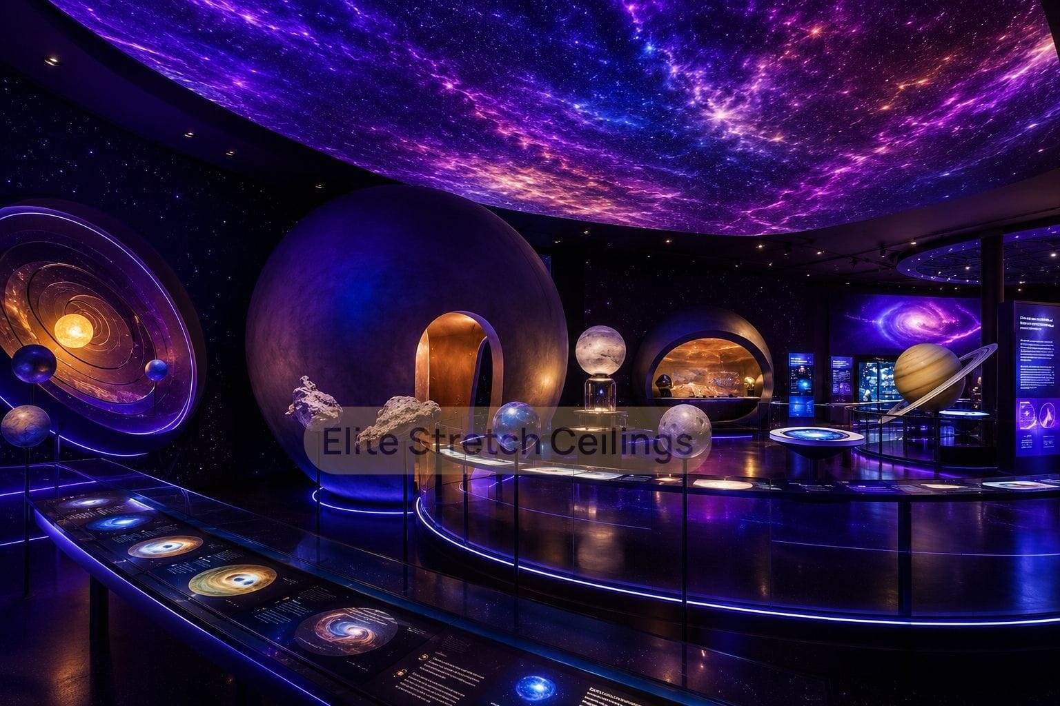 Galaxy stretch ceiling design idea for an astrophysics museum or visitor attraction in the UK.