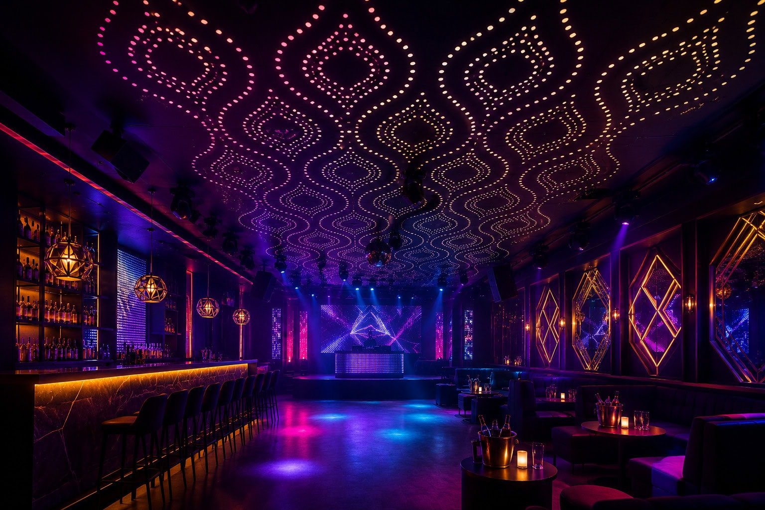 Perforated stretch ceiling with colourful decorative lighting in a commercial nightclub.
