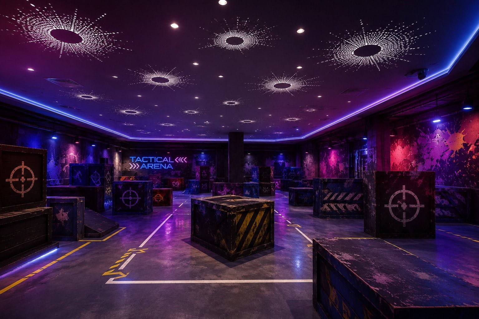 Perforated stretch ceiling with starburst lighting in a commercial indoor airsoft arena.