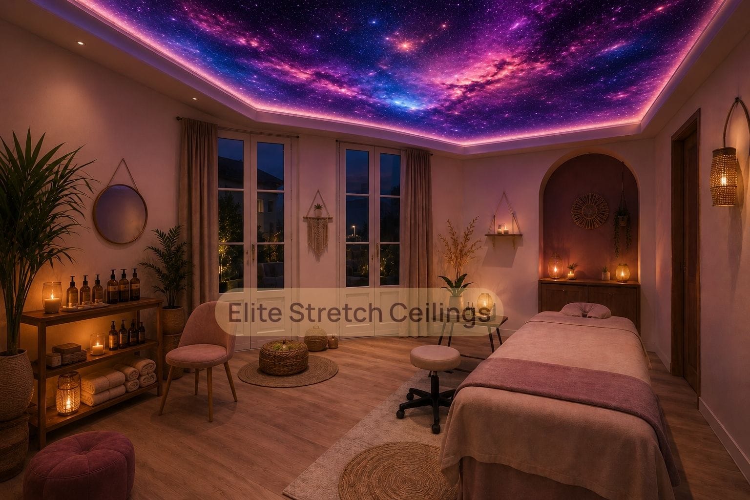 Galaxy stretch ceiling design idea for a relaxing massage salon in the UK.