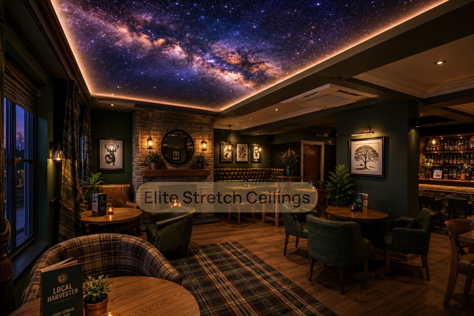 Galaxy stretch ceiling design idea for a restaurant interior in the UK.