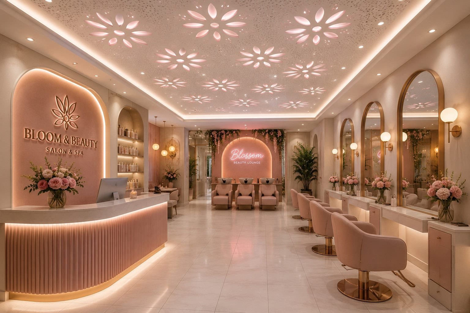 Perforated stretch ceiling with floral lighting design in a beauty salon and spa.