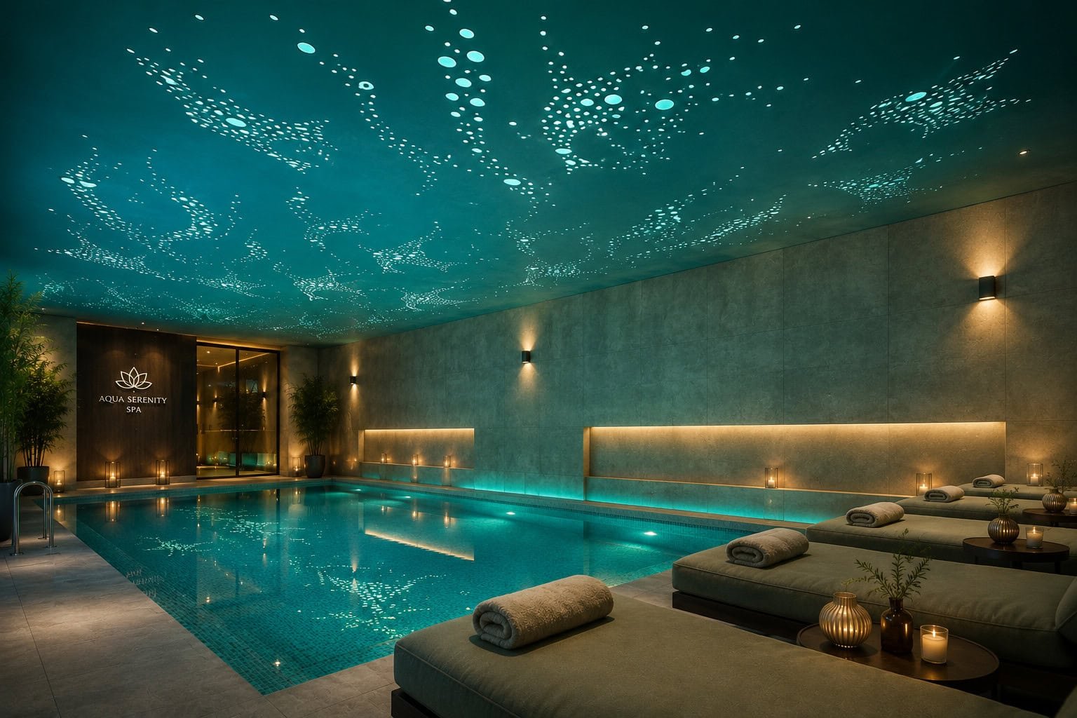 Perforated stretch ceiling with turquoise light pattern above an indoor swimming pool and spa area.