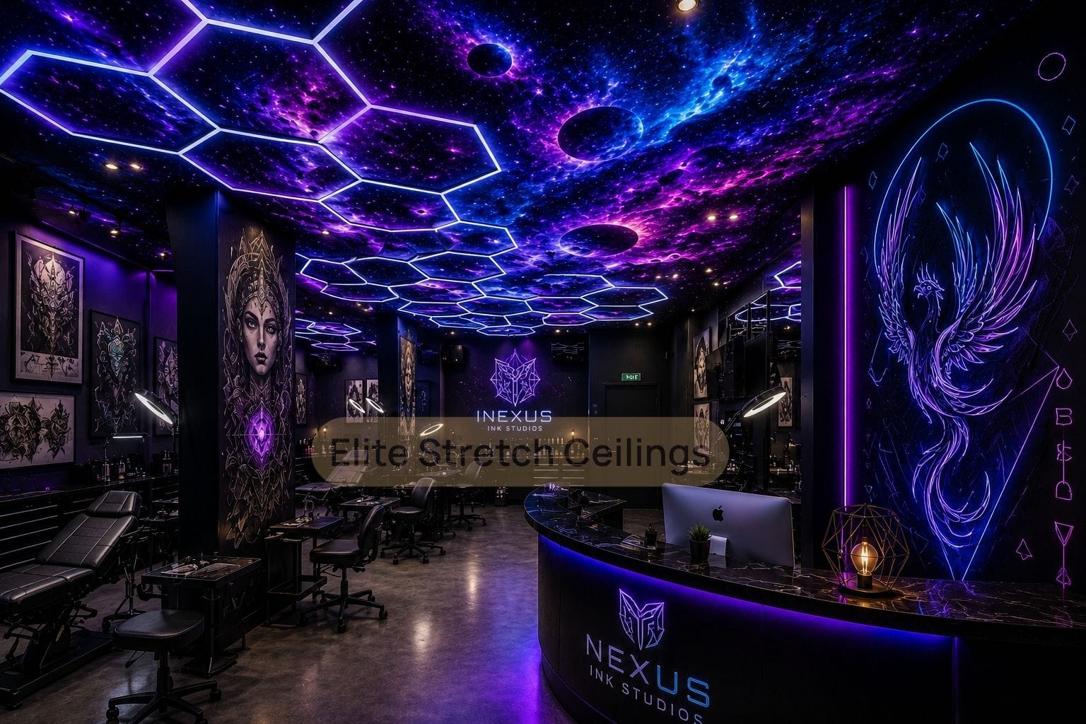 Galaxy stretch ceiling design idea for a tattoo studio or boutique hospitality space in the UK.