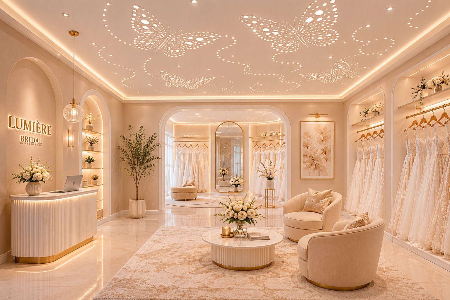 Perforated stretch ceiling with butterfly lighting design in a luxury wedding venue or bridal boutique.
