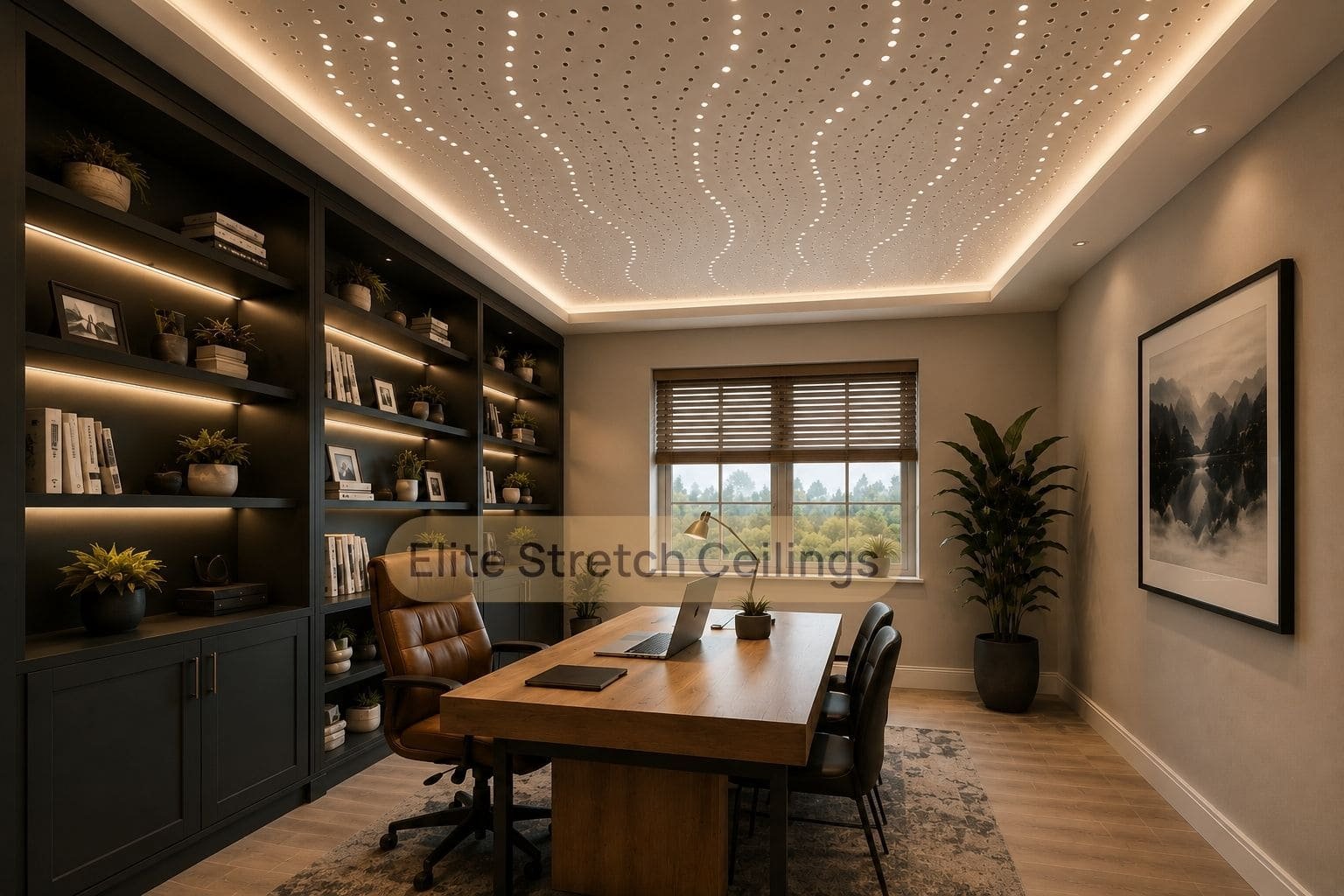 Perforated stretch ceiling with warm lighting in a private home office.