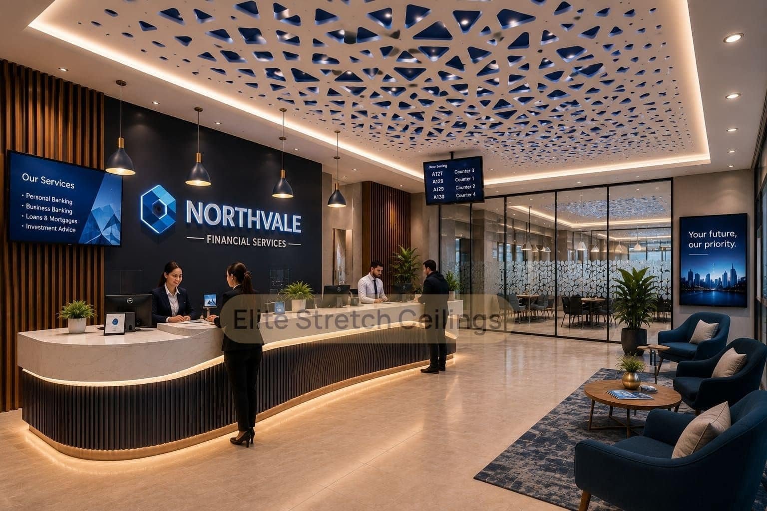 Perforated stretch ceiling with geometric pattern in a modern bank reception.