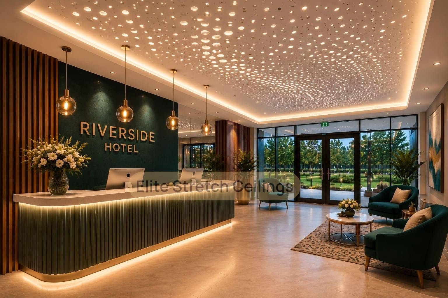 Perforated stretch ceiling with dotted light pattern in a hotel or office reception.