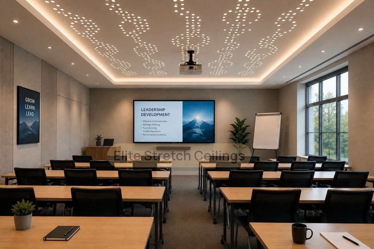 Perforated stretch ceiling with acoustic lighting in an office training room.