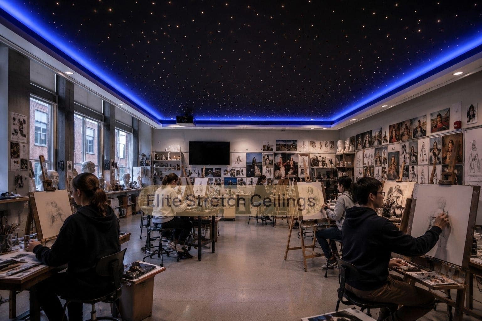 Galaxy fibre optic stretch ceiling idea for an art college or university creative studio.