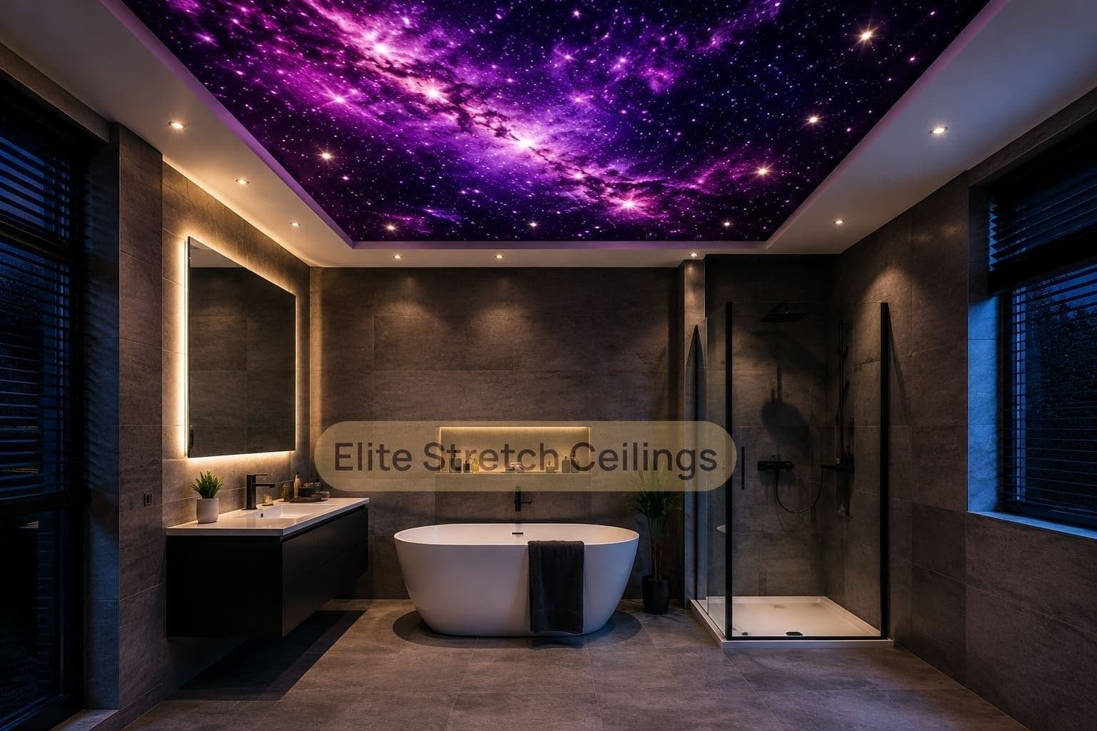 Galaxy stretch ceiling design idea for a spa-style residential bathroom in the UK.