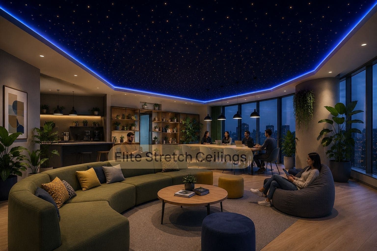 Galaxy fibre optic stretch ceiling design idea for a modern office breakout lounge with soft seating and city views.