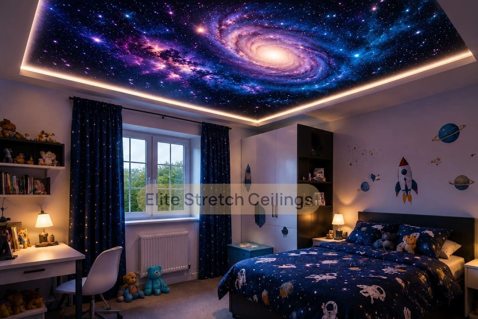 Galaxy stretch ceiling design idea for a relaxing residential bedroom in the UK.