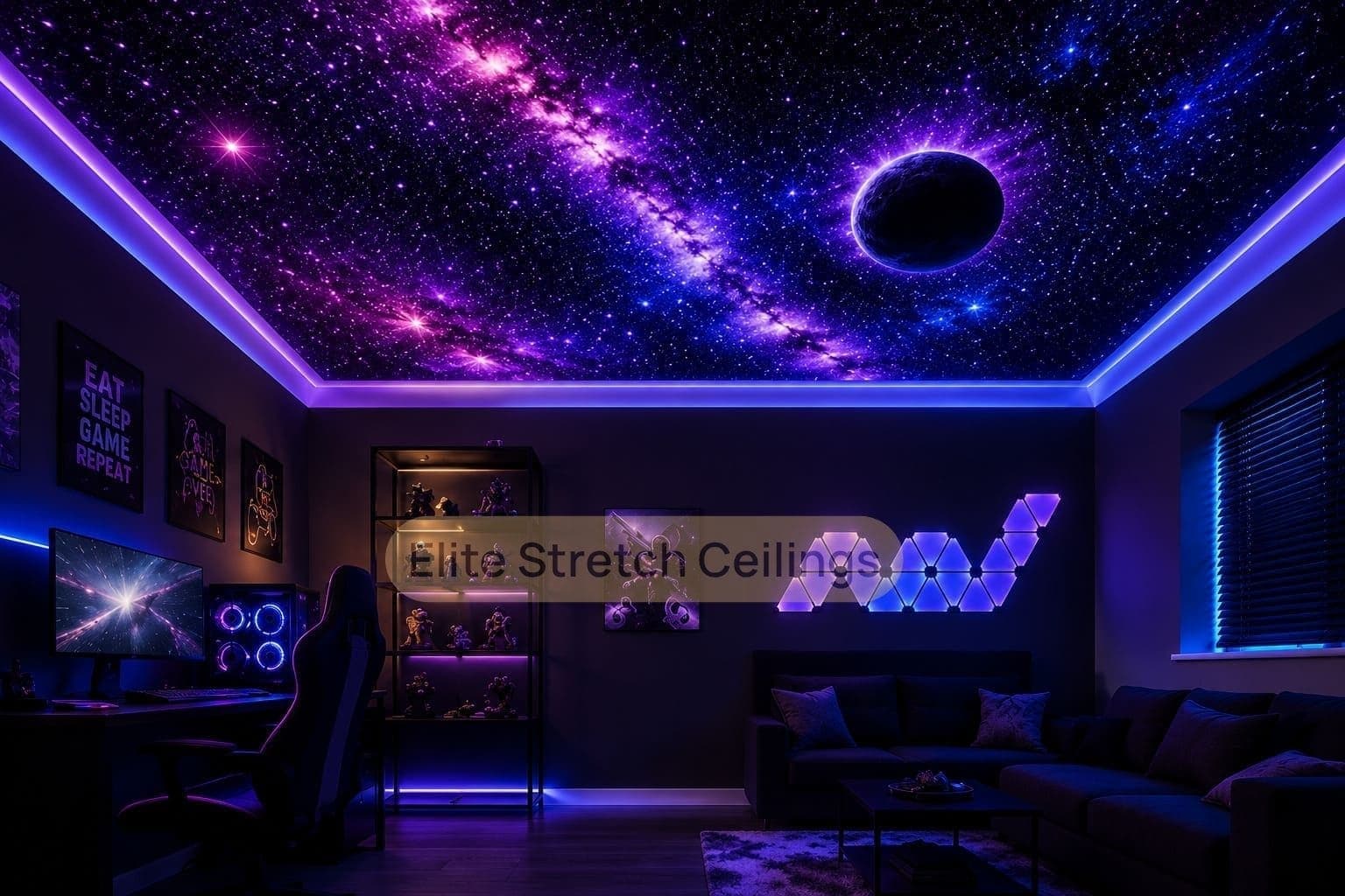 Galaxy stretch ceiling design idea for a residential gaming room in the UK.