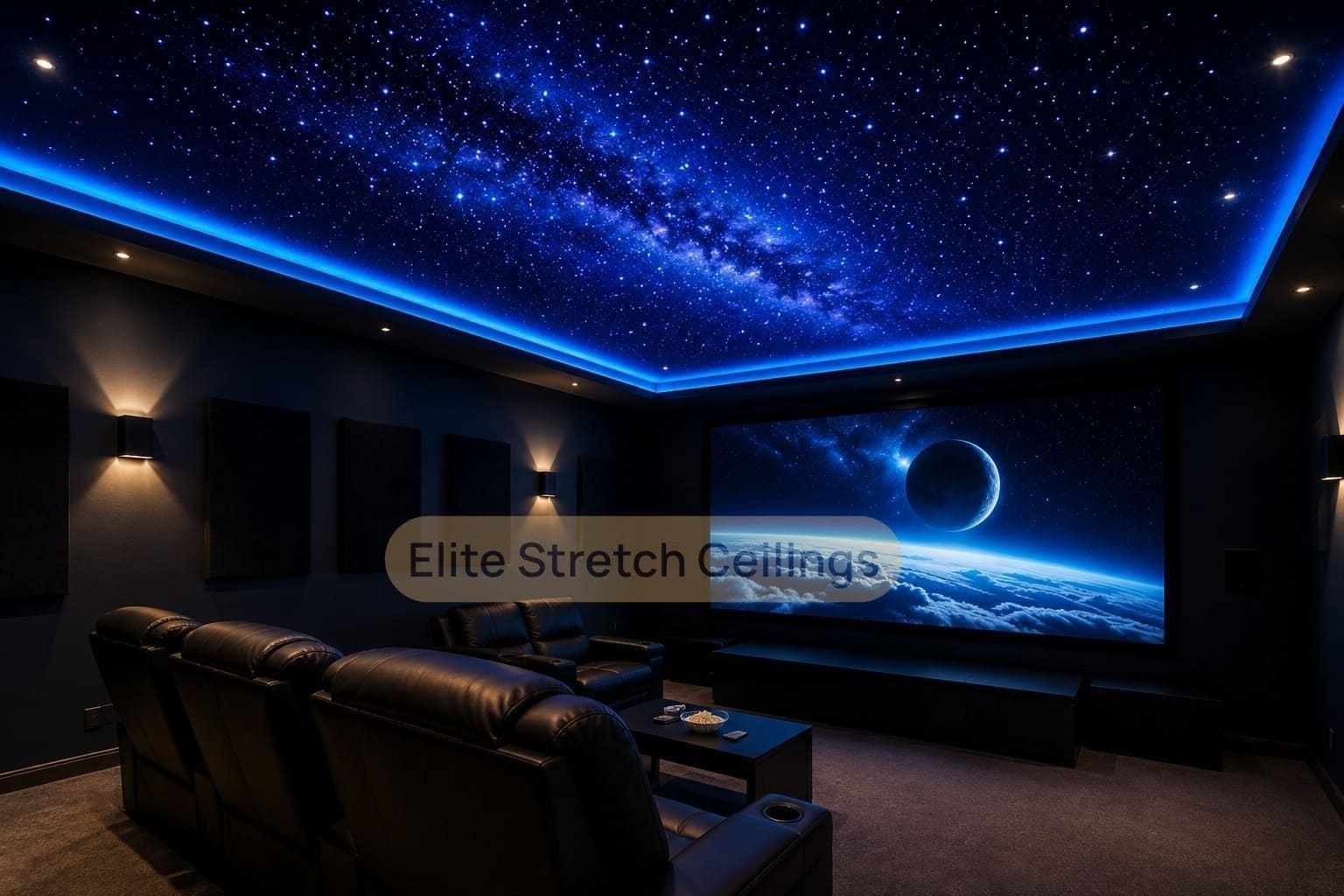 Galaxy stretch ceiling design idea for a home cinema room in the UK.