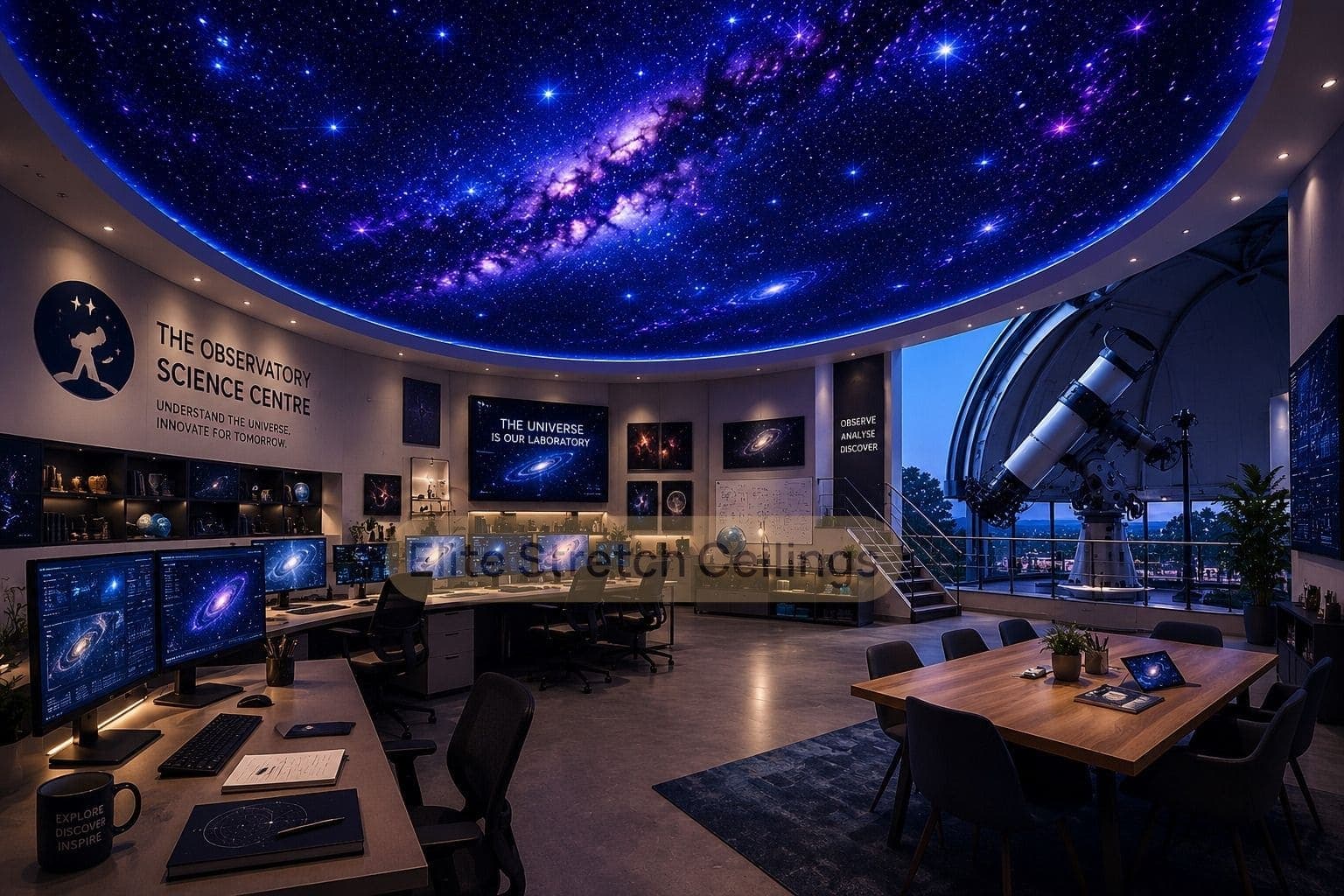 Galaxy stretch ceiling design idea for an observatory science centre office and research space.