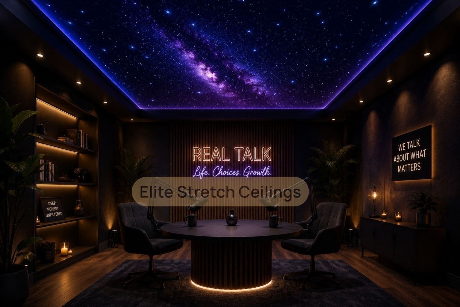 Galaxy stretch ceiling design idea for a podcast and media production studio.