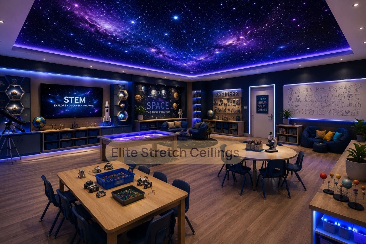 Galaxy stretch ceiling design idea for a STEM learning classroom with space themed educational displays.